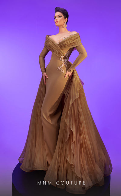 MNM Couture F02800: Off-shoulder crepe & organza gown, long sleeves, tassels, draped bust, Roman skirt, plisse tail. | Couture Shop LA
