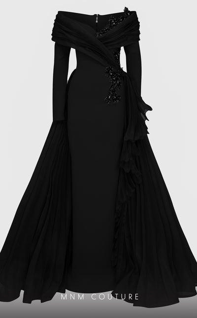 MNM Couture F02800: Off-shoulder crepe & organza gown, long sleeves, tassels, draped bust, Roman skirt, plisse tail. | Couture Shop LA