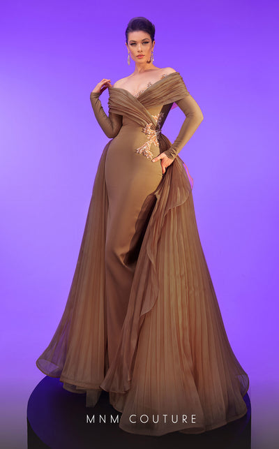 MNM Couture F02800: Off-shoulder crepe & organza gown, long sleeves, tassels, draped bust, Roman skirt, plisse tail. | Couture Shop LA