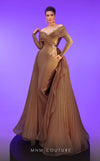 MNM Couture F02800: Off-shoulder crepe & organza gown, long sleeves, tassels, draped bust, Roman skirt, plisse tail. | Couture Shop LA