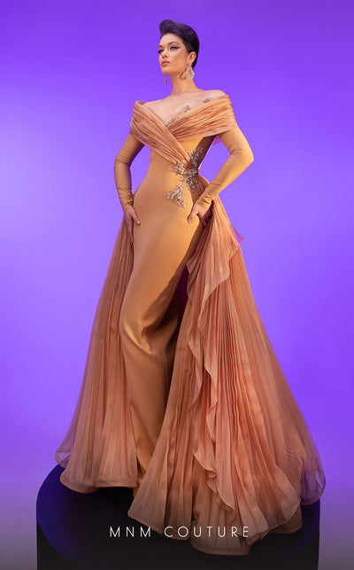 MNM Couture F02800: Off-shoulder crepe & organza gown, long sleeves, tassels, draped bust, Roman skirt, plisse tail. | Couture Shop LA