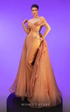 MNM Couture F02800: Off-shoulder crepe & organza gown, long sleeves, tassels, draped bust, Roman skirt, plisse tail. | Couture Shop LA