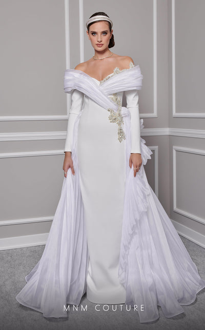 MNM Couture F02800: Off-shoulder crepe & organza gown, long sleeves, tassels, draped bust, Roman skirt, plisse tail. | Couture Shop LA