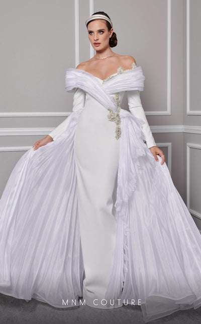 MNM Couture F02800: Off-shoulder crepe & organza gown, long sleeves, tassels, draped bust, Roman skirt, plisse tail. | Couture Shop LA