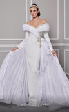 MNM Couture F02800: Off-shoulder crepe & organza gown, long sleeves, tassels, draped bust, Roman skirt, plisse tail. | Couture Shop LA