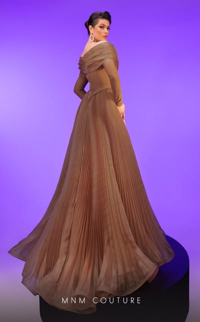 MNM Couture F02800: Off-shoulder crepe & organza gown, long sleeves, tassels, draped bust, Roman skirt, plisse tail. | Couture Shop LA