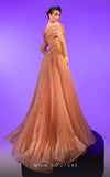 MNM Couture F02800: Off-shoulder crepe & organza gown, long sleeves, tassels, draped bust, Roman skirt, plisse tail. | Couture Shop LA