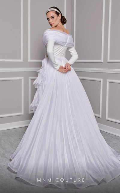 MNM Couture F02800: Off-shoulder crepe & organza gown, long sleeves, tassels, draped bust, Roman skirt, plisse tail. | Couture Shop LA