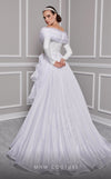 MNM Couture F02800: Off-shoulder crepe & organza gown, long sleeves, tassels, draped bust, Roman skirt, plisse tail. | Couture Shop LA