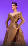 MNM Couture F02800: Off-shoulder crepe & organza gown, long sleeves, tassels, draped bust, Roman skirt, plisse tail. | Couture Shop LA