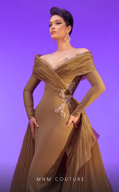 MNM Couture F02800: Off-shoulder crepe & organza gown, long sleeves, tassels, draped bust, Roman skirt, plisse tail. | Couture Shop LA