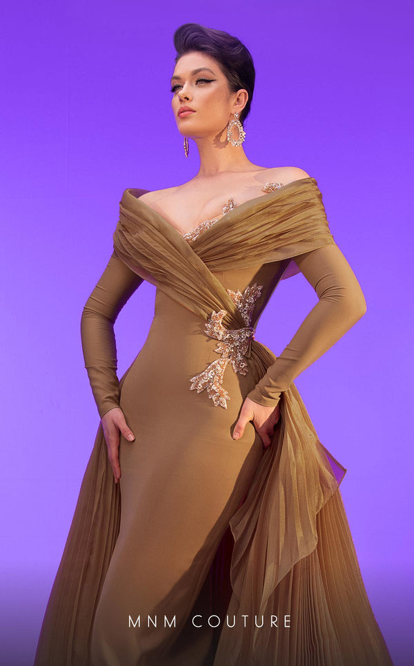 MNM Couture F02800: Off-shoulder crepe & organza gown, long sleeves, tassels, draped bust, Roman skirt, plisse tail. | Couture Shop LA