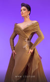 MNM Couture F02800: Off-shoulder crepe & organza gown, long sleeves, tassels, draped bust, Roman skirt, plisse tail. | Couture Shop LA
