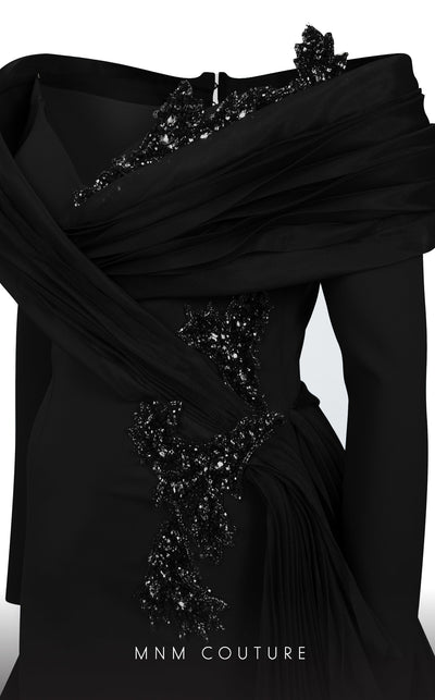 MNM Couture F02800: Off-shoulder crepe & organza gown, long sleeves, tassels, draped bust, Roman skirt, plisse tail. | Couture Shop LA