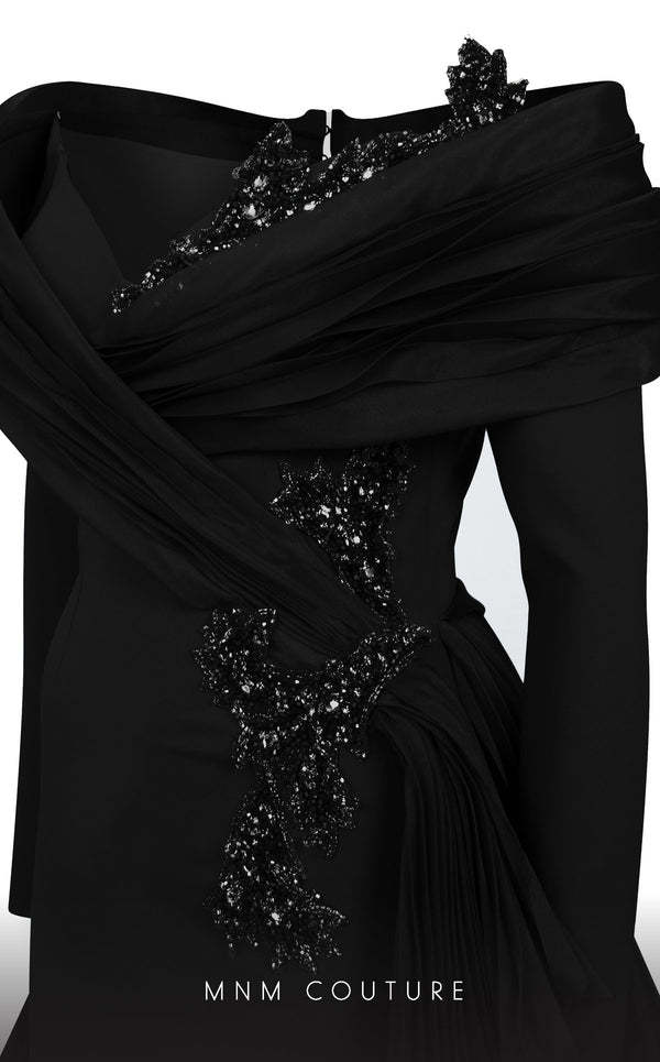 MNM Couture F02800: Off-shoulder crepe & organza gown, long sleeves, tassels, draped bust, Roman skirt, plisse tail. | Couture Shop LA