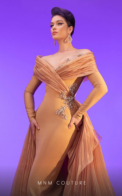 MNM Couture F02800: Off-shoulder crepe & organza gown, long sleeves, tassels, draped bust, Roman skirt, plisse tail. | Couture Shop LA
