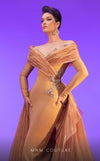 MNM Couture F02800: Off-shoulder crepe & organza gown, long sleeves, tassels, draped bust, Roman skirt, plisse tail. | Couture Shop LA