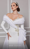 MNM Couture F02800: Off-shoulder crepe & organza gown, long sleeves, tassels, draped bust, Roman skirt, plisse tail. | Couture Shop LA