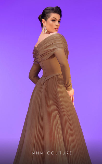 MNM Couture F02800: Off-shoulder crepe & organza gown, long sleeves, tassels, draped bust, Roman skirt, plisse tail. | Couture Shop LA