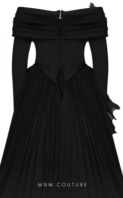 MNM Couture F02800: Off-shoulder crepe & organza gown, long sleeves, tassels, draped bust, Roman skirt, plisse tail. | Couture Shop LA