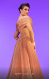 MNM Couture F02800: Off-shoulder crepe & organza gown, long sleeves, tassels, draped bust, Roman skirt, plisse tail. | Couture Shop LA