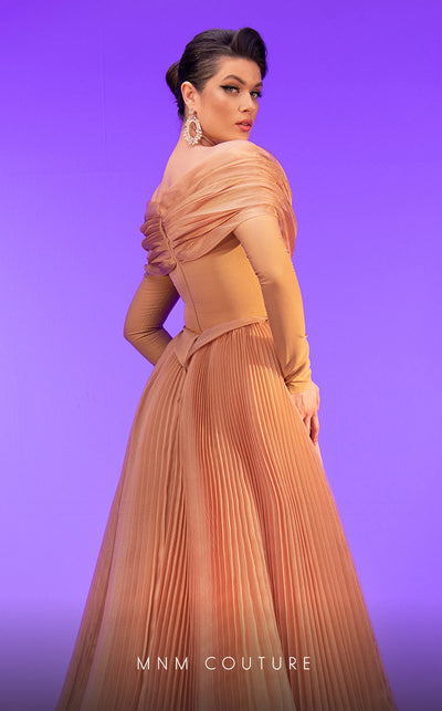 MNM Couture F02800: Off-shoulder crepe & organza gown, long sleeves, tassels, draped bust, Roman skirt, plisse tail. | Couture Shop LA