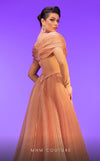 MNM Couture F02800: Off-shoulder crepe & organza gown, long sleeves, tassels, draped bust, Roman skirt, plisse tail. | Couture Shop LA