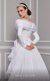MNM Couture F02800: Off-shoulder crepe & organza gown, long sleeves, tassels, draped bust, Roman skirt, plisse tail. | Couture Shop LA