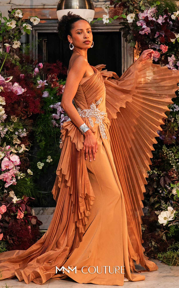 MNM Couture F02801: Asymmetrical neck, ruffled shoulder, crepe & organza, draped bust, Roman skirt for event & wedding | Couture Shop LA