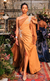 MNM Couture F02801: Asymmetrical neck, ruffled shoulder, crepe & organza, draped bust, Roman skirt for event & wedding | Couture Shop LA