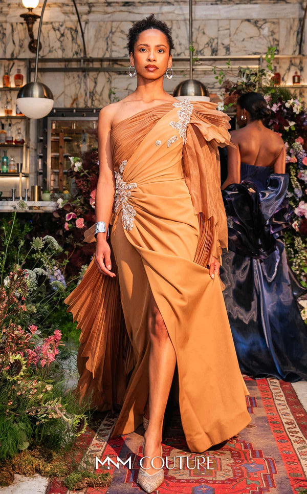 MNM Couture F02801: Asymmetrical neck, ruffled shoulder, crepe & organza, draped bust, Roman skirt for event & wedding | Couture Shop LA
