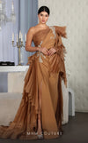 MNM Couture F02801: Asymmetrical neck, ruffled shoulder, crepe & organza, draped bust, Roman skirt for event & wedding | Couture Shop LA