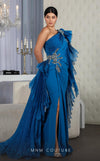 MNM Couture F02801: Asymmetrical neck, ruffled shoulder, crepe & organza, draped bust, Roman skirt for event & wedding | Couture Shop LA