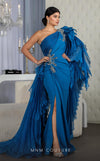 MNM Couture F02801: Asymmetrical neck, ruffled shoulder, crepe & organza, draped bust, Roman skirt for event & wedding | Couture Shop LA