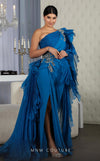 MNM Couture F02801: Asymmetrical neck, ruffled shoulder, crepe & organza, draped bust, Roman skirt for event & wedding | Couture Shop LA