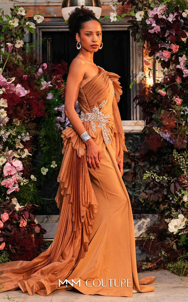 MNM Couture F02801: Asymmetrical neck, ruffled shoulder, crepe & organza, draped bust, Roman skirt for event & wedding | Couture Shop LA