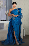 MNM Couture F02801: Asymmetrical neck, ruffled shoulder, crepe & organza, draped bust, Roman skirt for event & wedding | Couture Shop LA