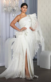 MNM Couture F02801: Asymmetrical neck, ruffled shoulder, crepe & organza, draped bust, Roman skirt for event & wedding | Couture Shop LA