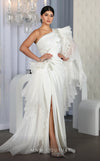 MNM Couture F02801: Asymmetrical neck, ruffled shoulder, crepe & organza, draped bust, Roman skirt for event & wedding | Couture Shop LA
