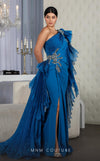 MNM Couture F02801: Asymmetrical neck, ruffled shoulder, crepe & organza, draped bust, Roman skirt for event & wedding | Couture Shop LA