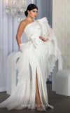 MNM Couture F02801: Asymmetrical neck, ruffled shoulder, crepe & organza, draped bust, Roman skirt for event & wedding | Couture Shop LA