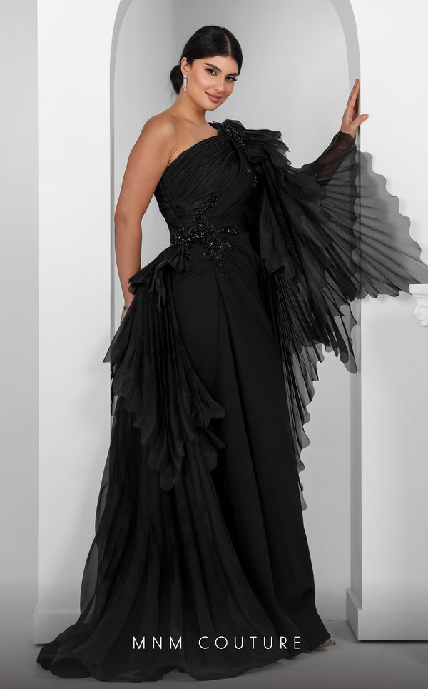 MNM Couture F02801: Asymmetrical neck, ruffled shoulder, crepe & organza, draped bust, Roman skirt for event & wedding | Couture Shop LA
