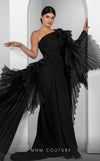 MNM Couture F02801: Asymmetrical neck, ruffled shoulder, crepe & organza, draped bust, Roman skirt for event & wedding | Couture Shop LA