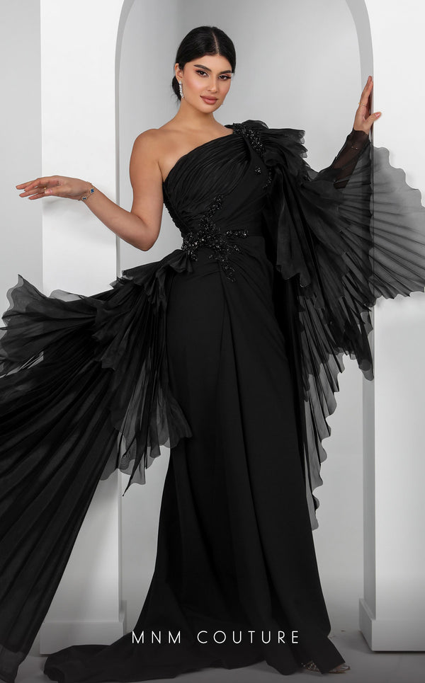 MNM Couture F02801: Asymmetrical neck, ruffled shoulder, crepe & organza, draped bust, Roman skirt for event & wedding | Couture Shop LA