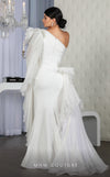 MNM Couture F02801: Asymmetrical neck, ruffled shoulder, crepe & organza, draped bust, Roman skirt for event & wedding | Couture Shop LA
