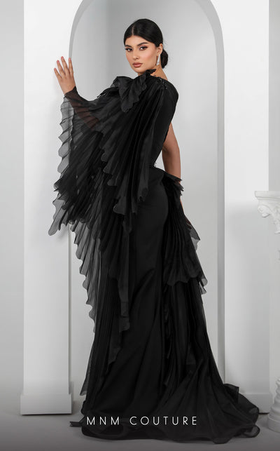 MNM Couture F02801: Asymmetrical neck, ruffled shoulder, crepe & organza, draped bust, Roman skirt for event & wedding | Couture Shop LA