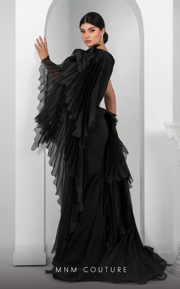 MNM Couture F02801: Asymmetrical neck, ruffled shoulder, crepe & organza, draped bust, Roman skirt for event & wedding | Couture Shop LA