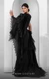 MNM Couture F02801: Asymmetrical neck, ruffled shoulder, crepe & organza, draped bust, Roman skirt for event & wedding | Couture Shop LA