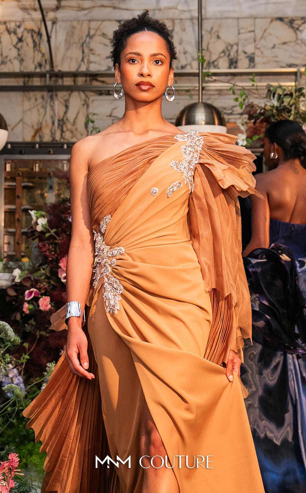 MNM Couture F02801: Asymmetrical neck, ruffled shoulder, crepe & organza, draped bust, Roman skirt for event & wedding | Couture Shop LA