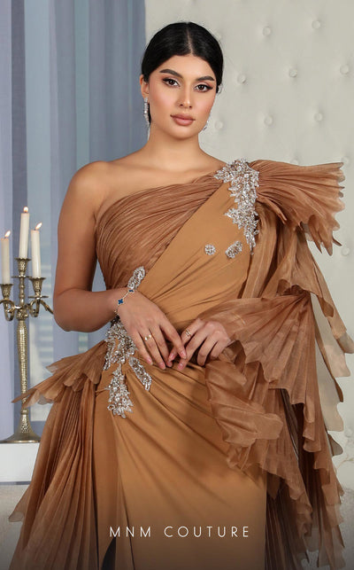 MNM Couture F02801: Asymmetrical neck, ruffled shoulder, crepe & organza, draped bust, Roman skirt for event & wedding | Couture Shop LA
